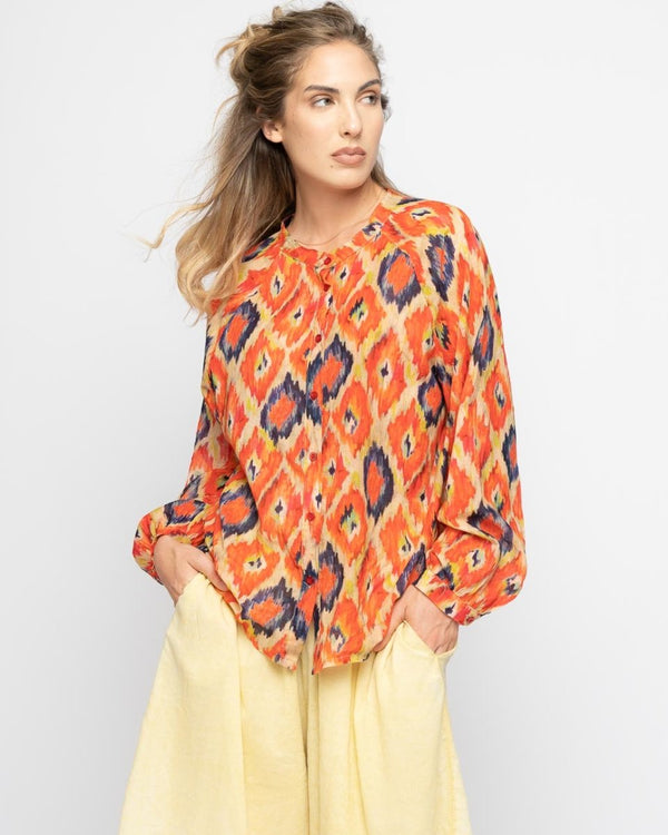 baci Painterly Diamond Button-Up Band Collar Shirt Orange