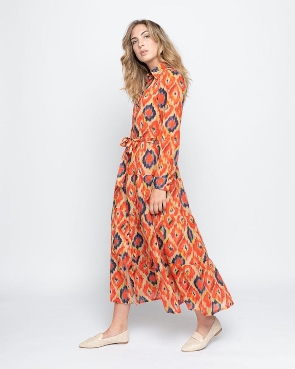 Baci Painterly Diamond Tie-Waist Button-up Shirtdress Orange