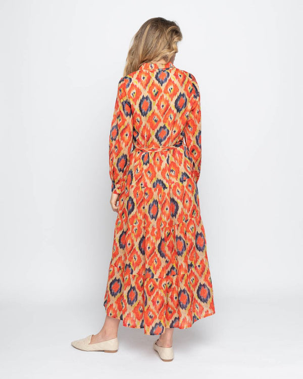 Baci Painterly Diamond Tie-Waist Button-up Shirtdress Orange