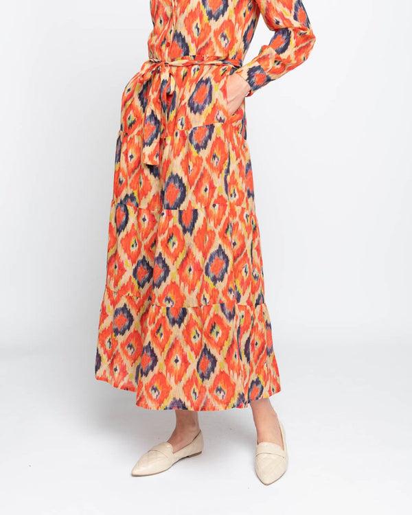 Baci Painterly Diamond Tie-Waist Button-up Shirtdress Orange