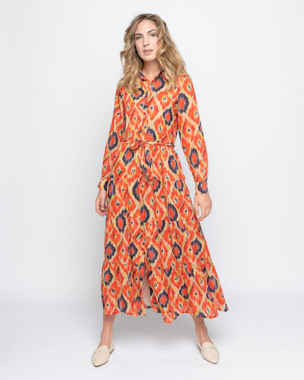 baci Painterly Diamond Tie-Waist Button-up Shirtdress Orange