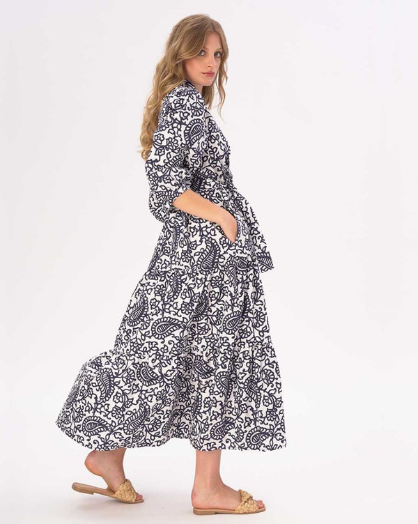 Baci Paisely Floral Tiered Cotton Belted Maxi Shirtdress Blue / White