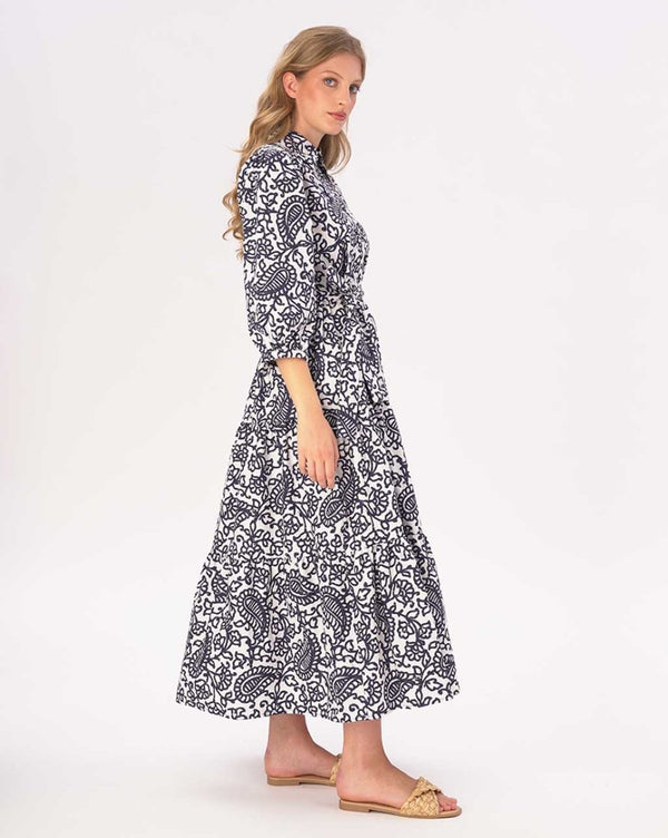 Baci Paisely Floral Tiered Cotton Belted Maxi Shirtdress Blue / White