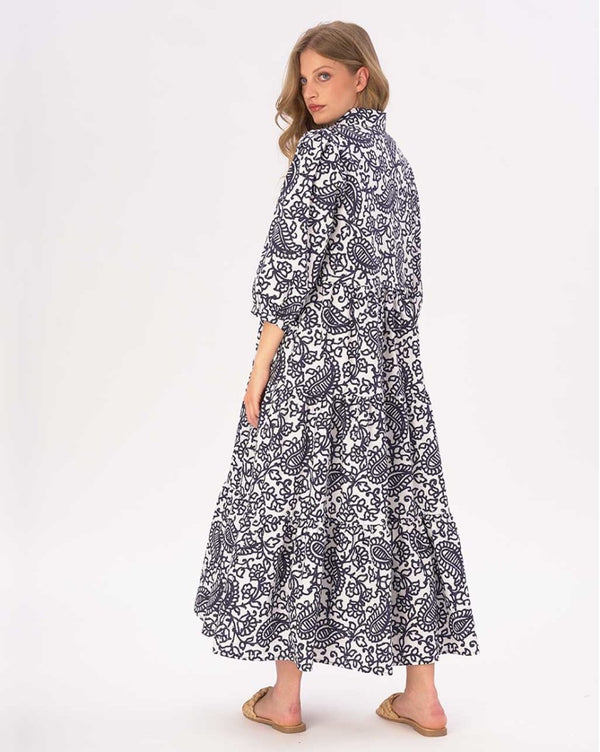 Baci Paisely Floral Tiered Cotton Belted Maxi Shirtdress Blue / White