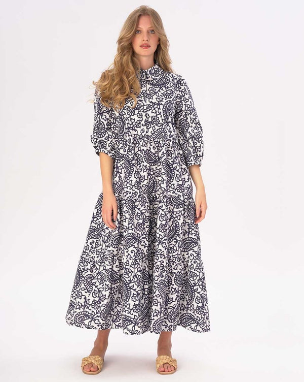 baci Paisely Floral Tiered Cotton Belted Maxi Shirtdress Blue / White