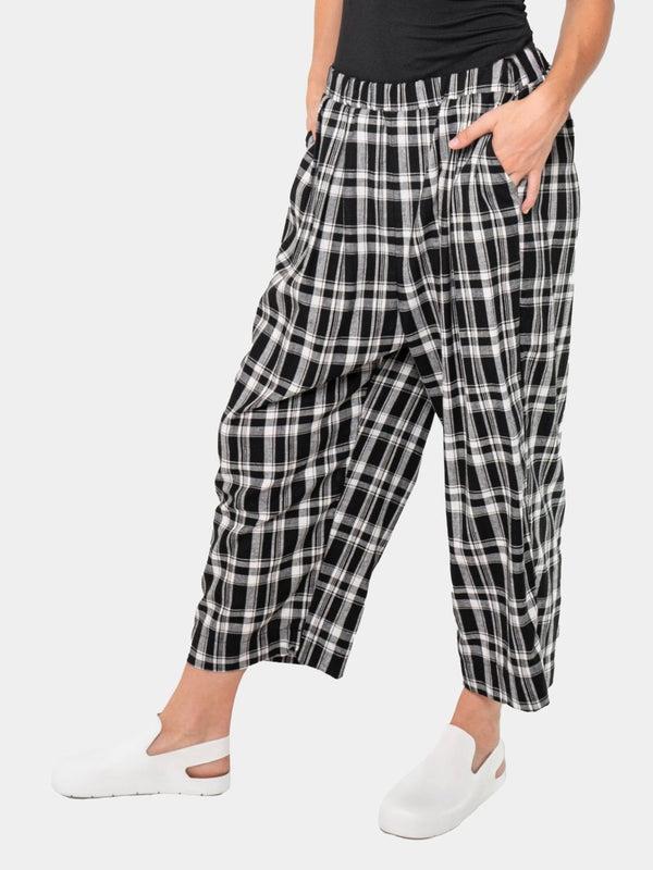 Baci Plaid Elastic Waist Trousers Black & White Quadro