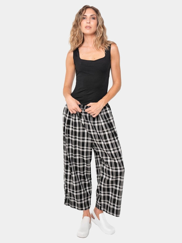 Baci Plaid Elastic Waist Trousers Black & White Quadro