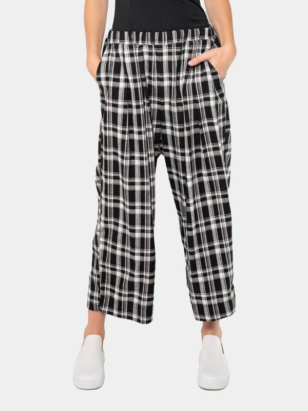 baci Plaid Elastic Waist Trousers Black & White Quadro