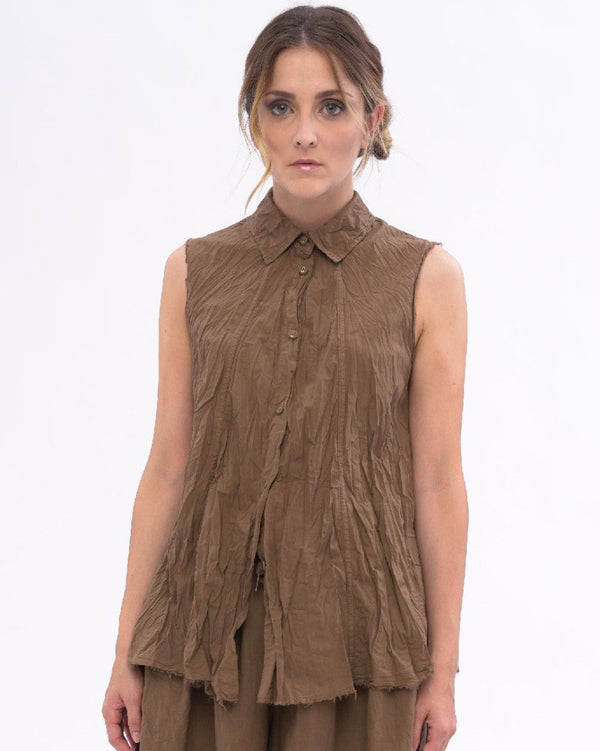 Baci Pleated Crinkle Organic Cotton Button Tank Black