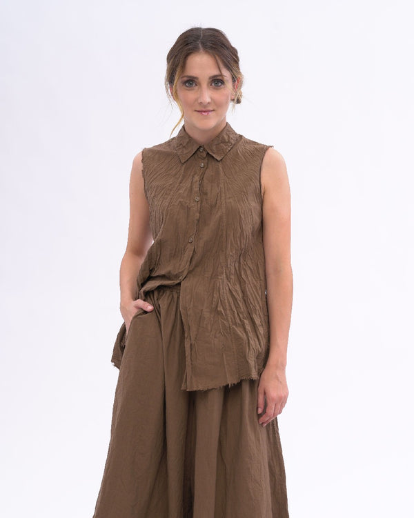 Baci Pleated Crinkle Organic Cotton Button Tank Black