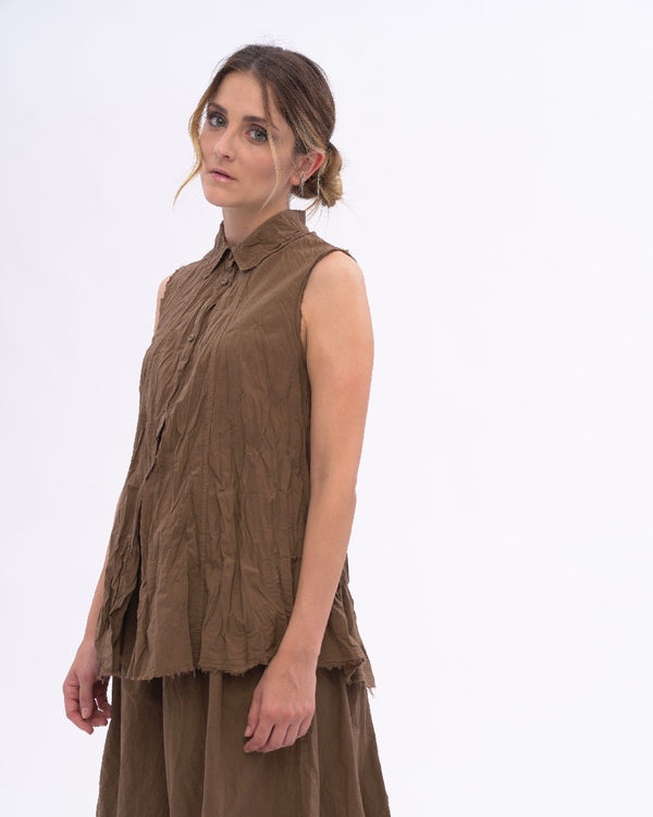 Baci Pleated Crinkle Organic Cotton Button Tank Black