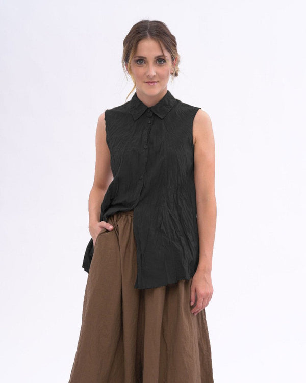 baci Pleated Crinkle Organic Cotton Button Tank Black