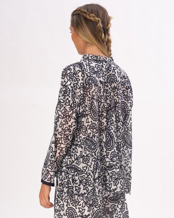 Baci Ruffled Neck Paisley Floral Cotton Blouse Blue / White