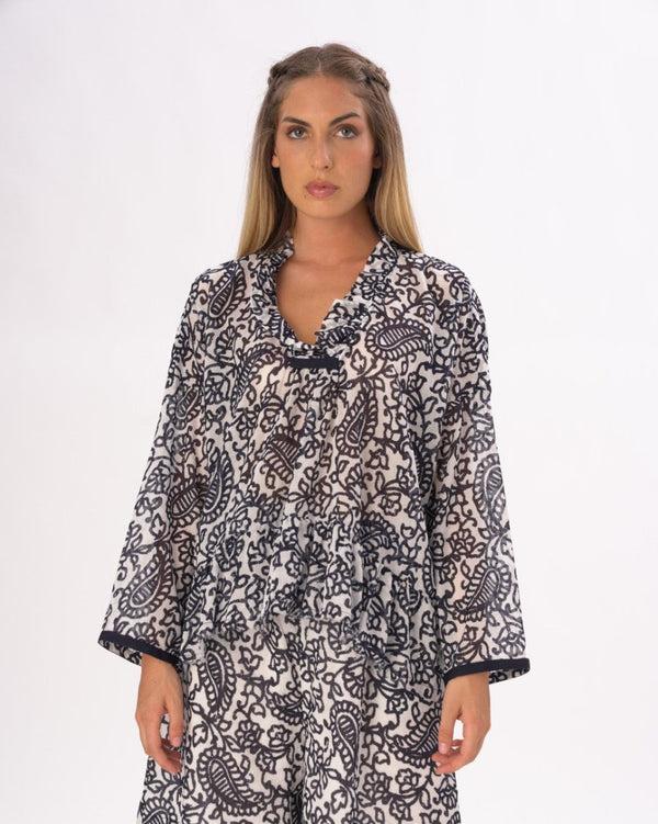 Baci Ruffled Neck Paisley Floral Cotton Blouse Blue / White