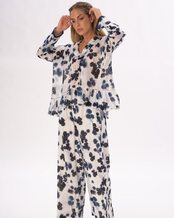 Baci Ruffled Neck Small Floral Cotton Blouse Blue / White