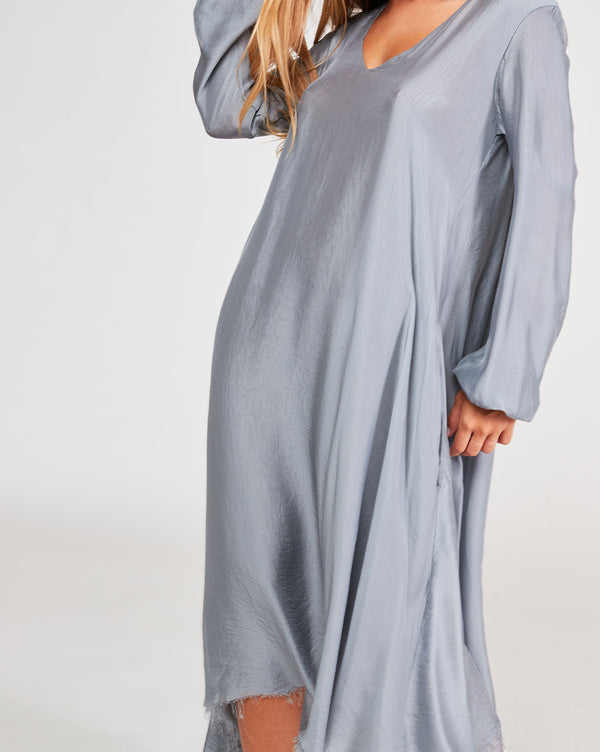 Baci Silk Blend Deep V-Neck Raw Hem Maxi Dress Camel