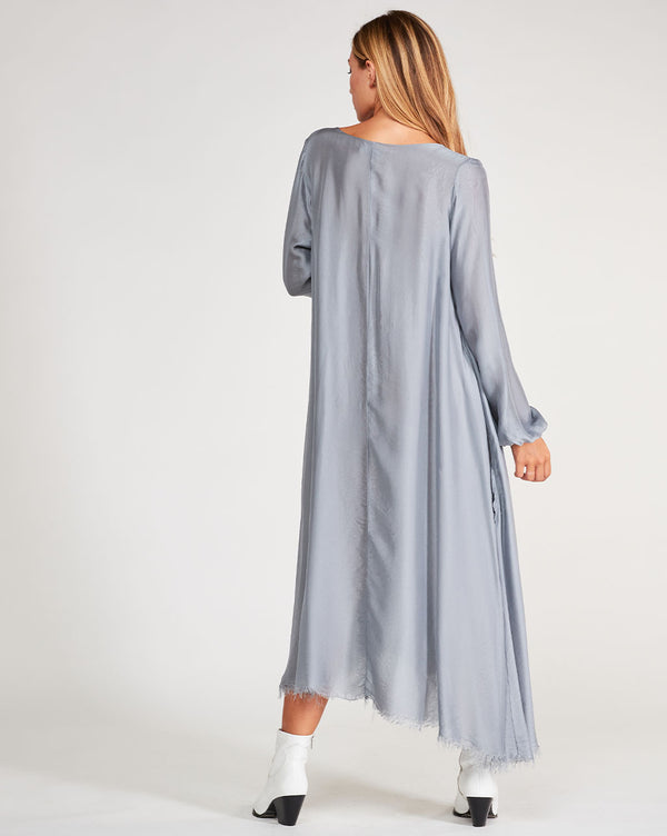 Baci Silk Blend Deep V-Neck Raw Hem Maxi Dress Camel