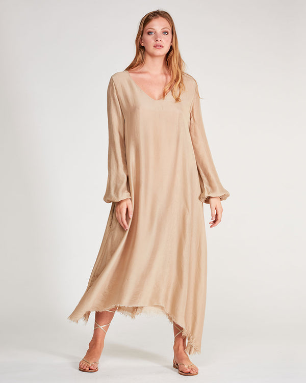 Baci Silk Blend Deep V-Neck Raw Hem Maxi Dress Camel