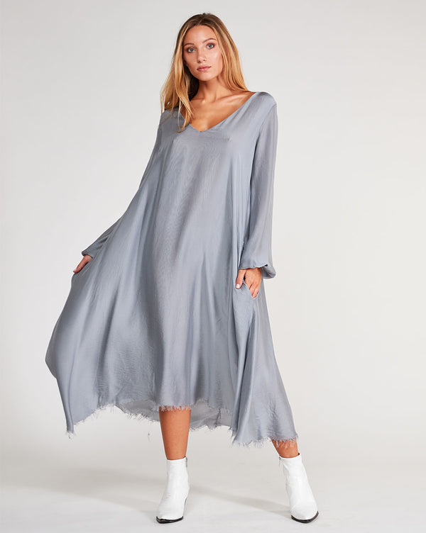 baci Silk Blend Deep V-Neck Raw Hem Maxi Dress Camel