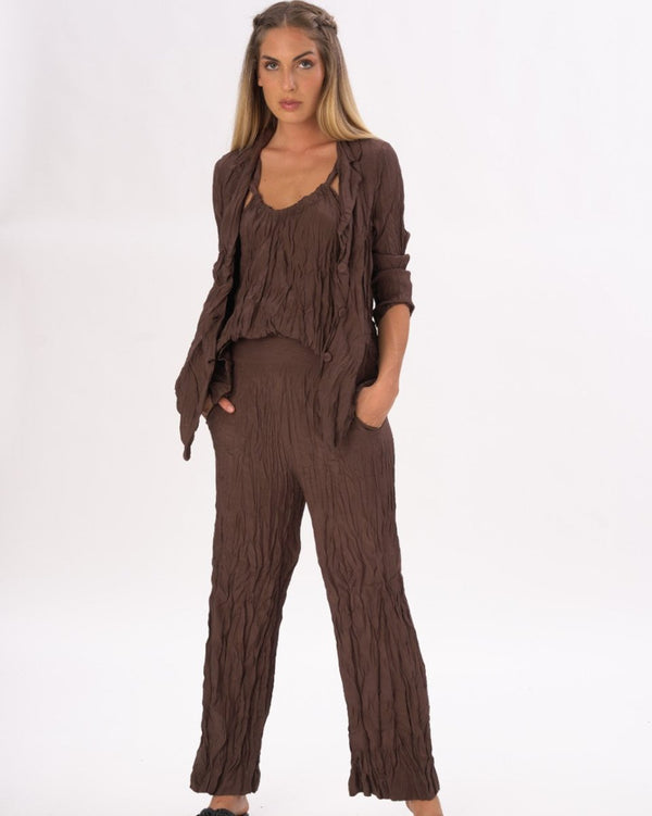 Baci Silky Elastic Waist Crinkled Pleated Pants Black