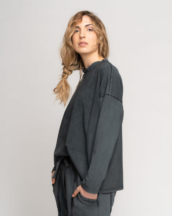 Baci Stonewash Loose Fit Long Sleeve Mock Tee Black