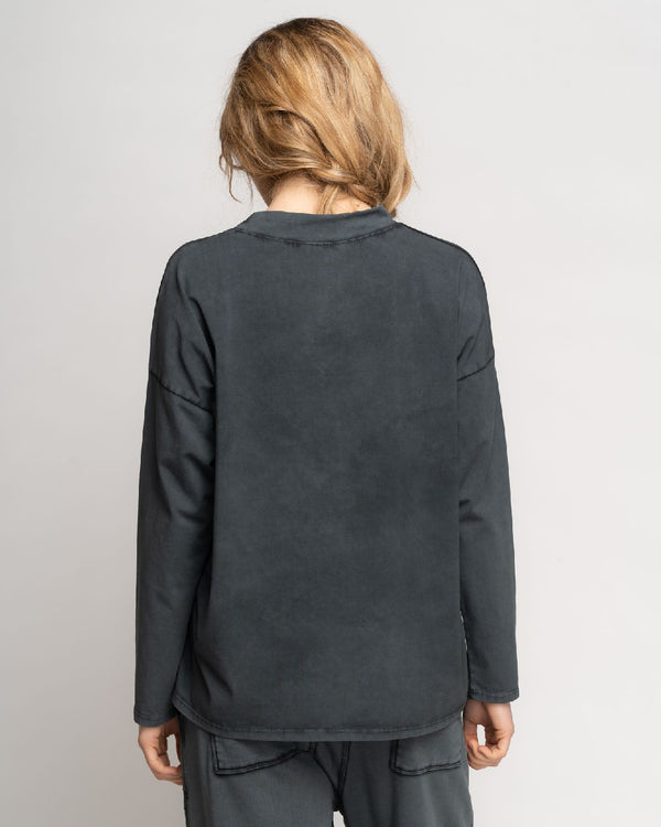 Baci Stonewash Loose Fit Long Sleeve Mock Tee Black