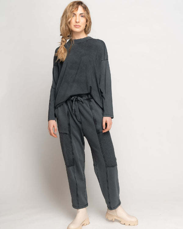 Baci Stonewash Loose Fit Long Sleeve Mock Tee Black