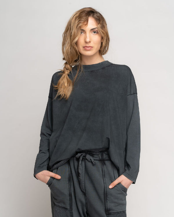 baci Stonewash Loose Fit Long Sleeve Mock Tee Black