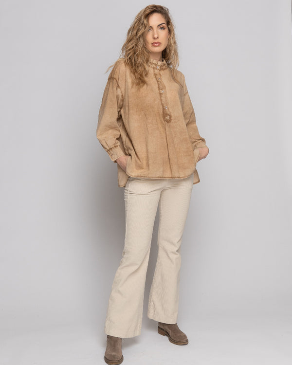 Baci Stonewash Ruffled Highneck Half-Button Shirt Beige