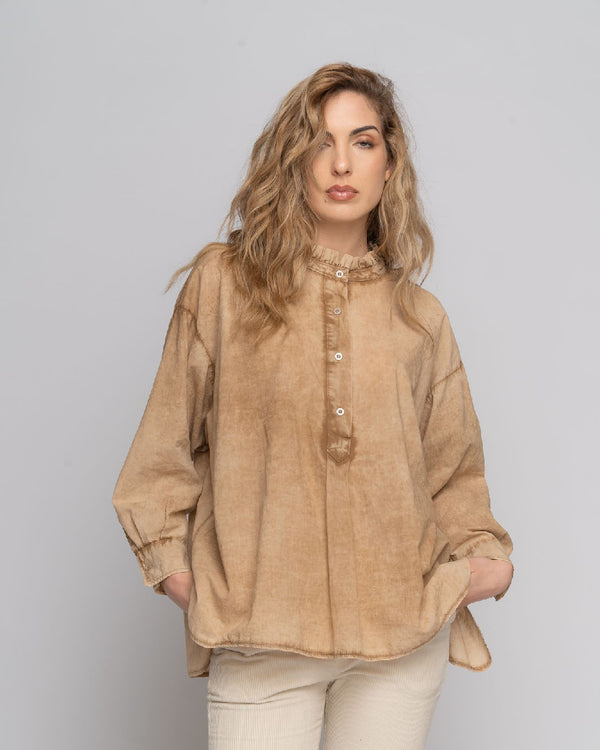 Baci Stonewash Ruffled Highneck Half-Button Shirt Beige