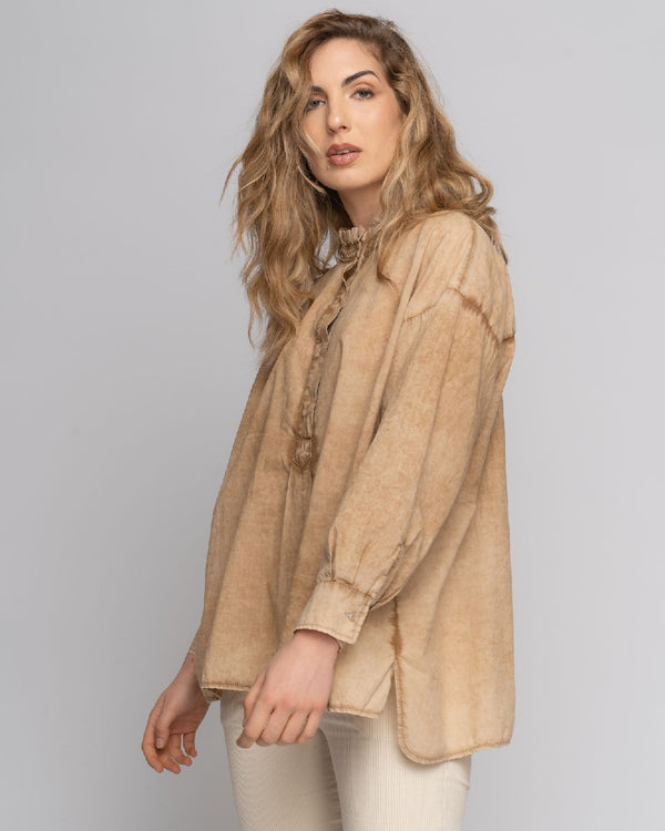 baci Stonewash Ruffled Highneck Half-Button Shirt Beige