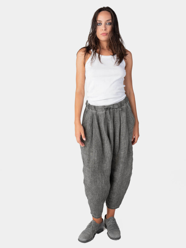 Baci Stonewashed Linen Elastic Tie Waist Cropped Pants Café