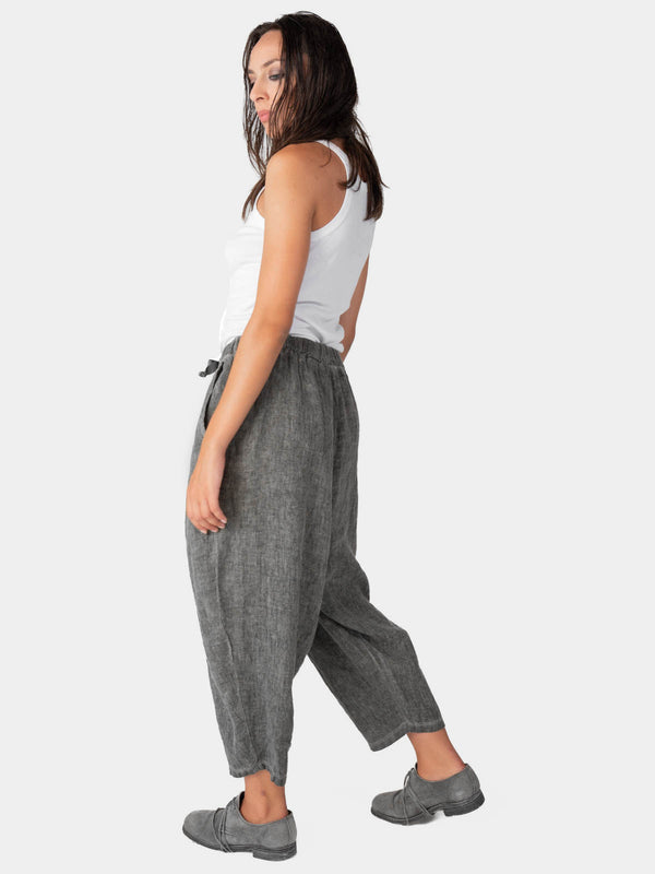 Baci Stonewashed Linen Elastic Tie Waist Cropped Pants Café