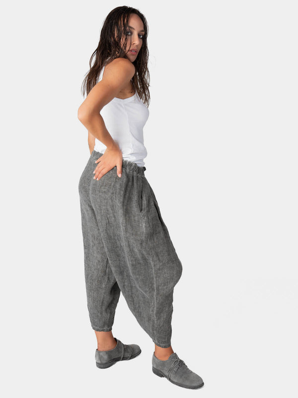 Baci Stonewashed Linen Elastic Tie Waist Cropped Pants Café