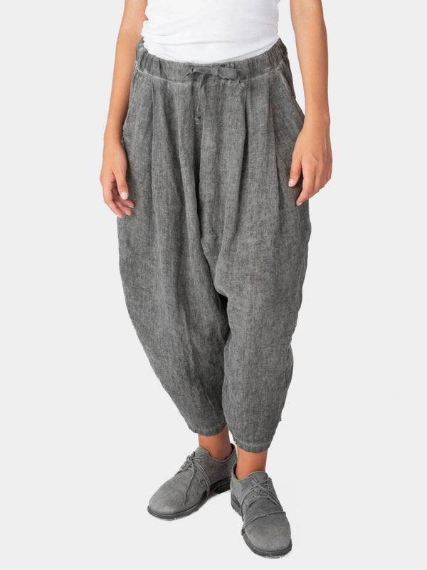 baci Stonewashed Linen Elastic Tie Waist Cropped Pants Café