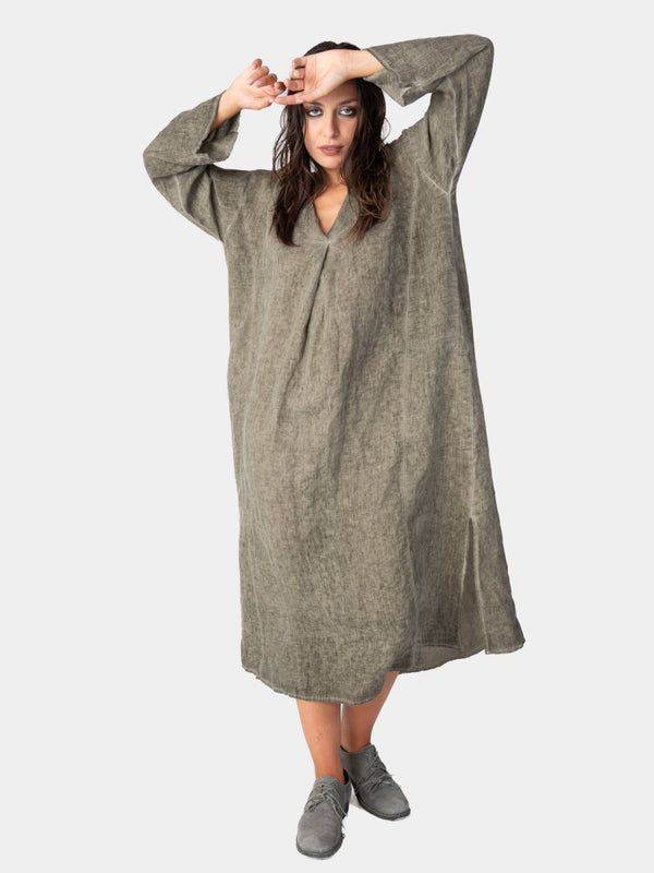 Baci Stonewashed Linen V-Neck Kaftan Dress CHARCOAL