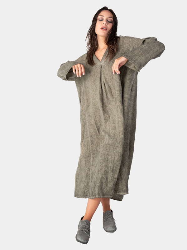 baci Stonewashed Linen V-Neck Kaftan Dress CHARCOAL
