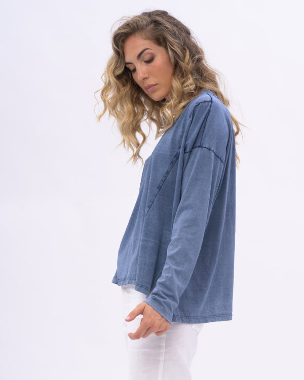 Baci Stonewashed V-neck Organic Cotton Long Sleeve Chocolate