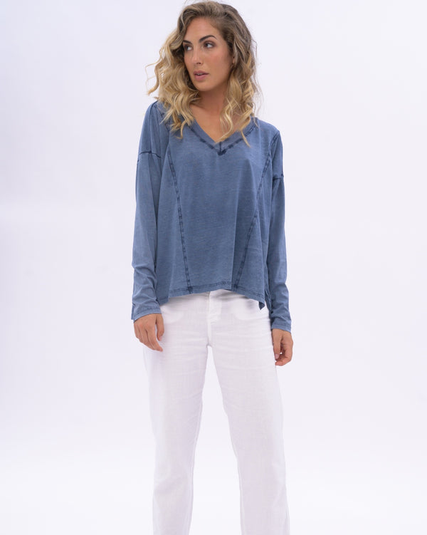 Baci Stonewashed V-neck Organic Cotton Long Sleeve Chocolate