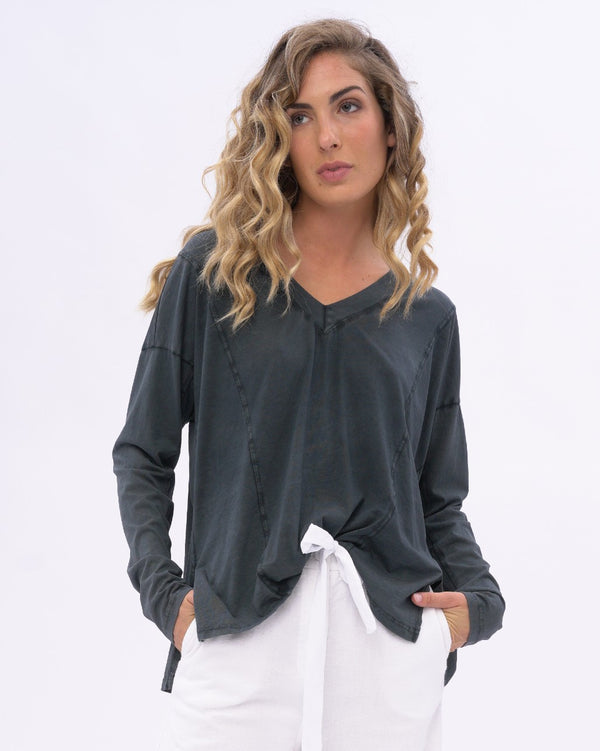 Baci Stonewashed V-neck Organic Cotton Long Sleeve Chocolate