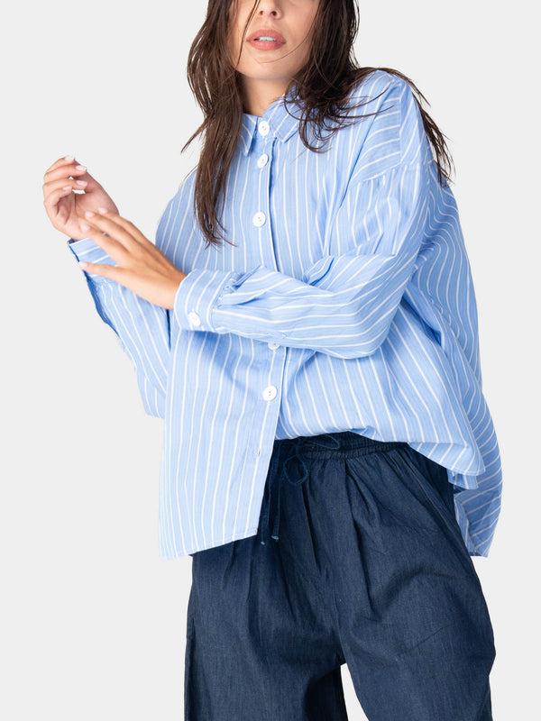 Baci Striped Collared Cotton Button Up Blue Striped