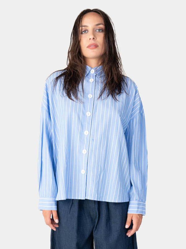 baci Striped Collared Cotton Button Up Blue Striped