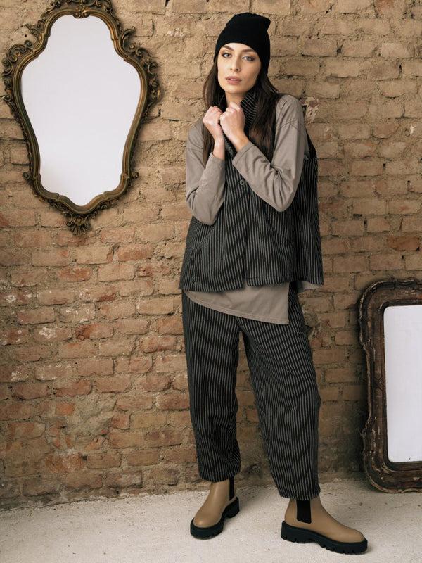 baci Striped Cotton Elastic Waist Pants Black Striped