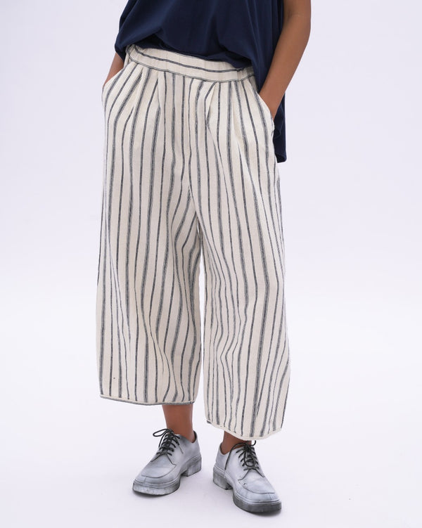 Baci Striped Cotton Linen Elastic Waist Culottes Natural