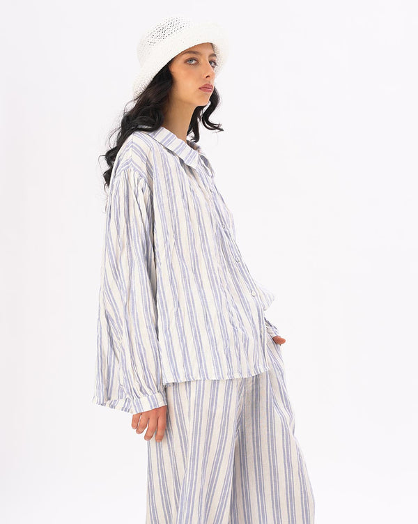 Baci Striped Crinkled Button Up Peasant Shirt Light Blue / White
