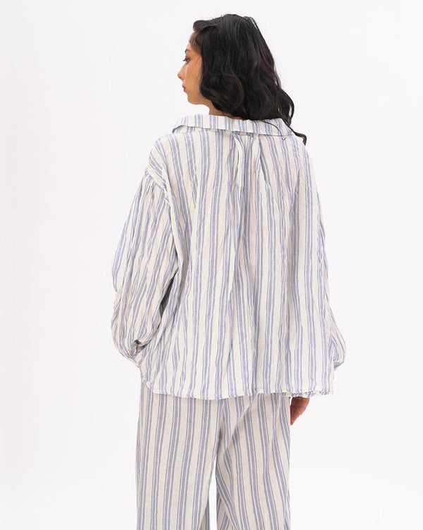 Baci Striped Crinkled Button Up Peasant Shirt Light Blue / White