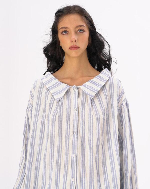 Baci Striped Crinkled Button Up Peasant Shirt Light Blue / White