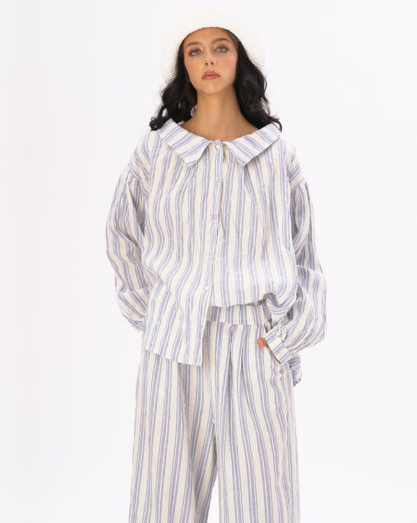 baci Striped Crinkled Button Up Peasant Shirt Light Blue / White