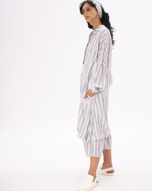 Baci Striped Crinkled Cotton-Linen Duster Light Blue / White