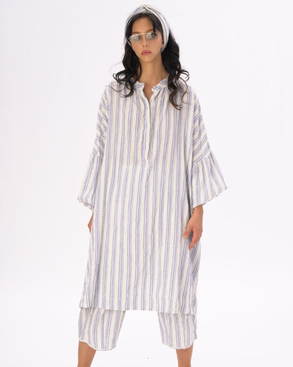 baci Striped Crinkled Cotton-Linen Duster Light Blue / White